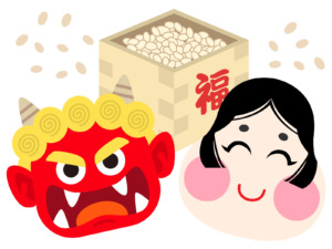 節分、赤鬼とお多福、福豆のイラスト。愛嬌たっぷりのお多福さん。